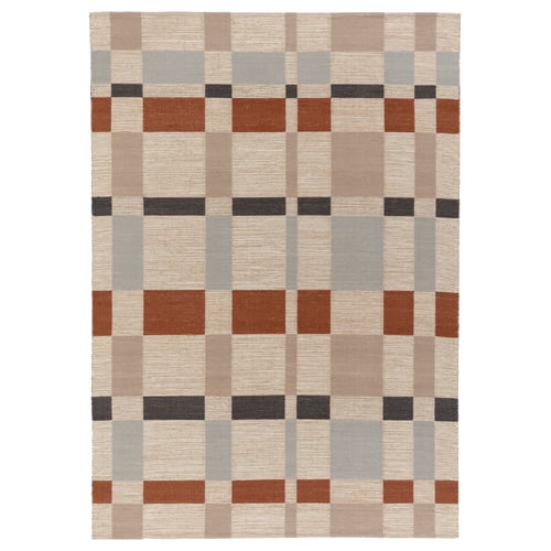 Handwoven BLÅLJUS rug, multicolor chequered, rectangular, wool and jute blend.