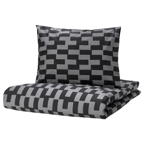 Black and grey geometric duvet set with pillow, cotton-viscose blend, modern pixel pattern.