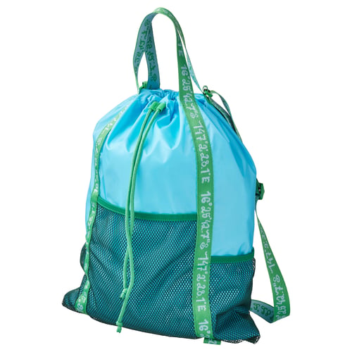 A blue-green backpack, the BLÅVINGAD. Its made from recycled polyester and mesh pockets and drawstrings. Ideal for outdoor adventures.