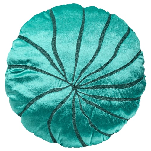 Teal BLÅVINGAD round cushion, shimmery with black lines, recycled polyester.