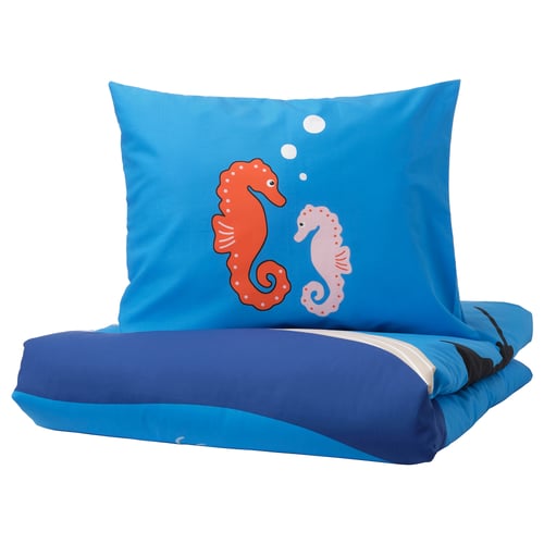 Blue bedding set with cartoon seahorses. Cotton blend with zip closure.