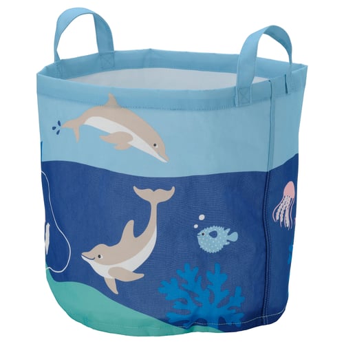 BLÅVINGAD laundry basket: light blue, playful dolphins, eco-friendly.