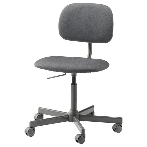 A grey BLECKBERGET office chair with a modern retro design, featuring adjustable height, swivel function, and wheeled base for easy movement.