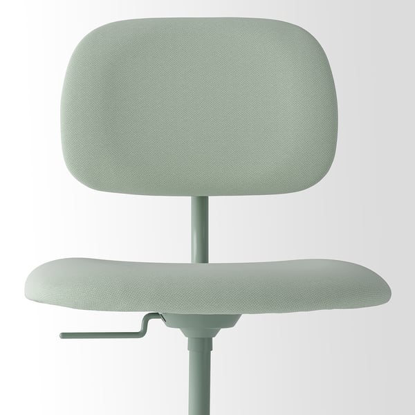 A sleek, light green office chair with a cushioned seat and backrest, modern design, and height adjustable seat.