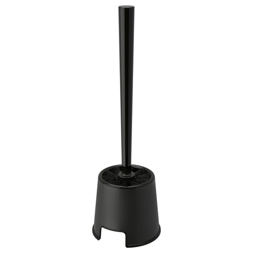 Black BOLMEN toilet brush with simple durable plastic design, standing upright on a white background.