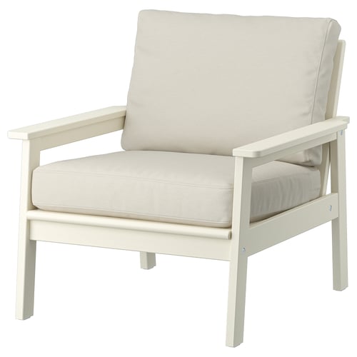 BONDHOLMEN, off-white outdoor armchair, acacia wood & foam cushions.