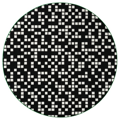 BRÄNNBOLL rug, black with white squares, green border, round, soft, anti-slip, synthetic.