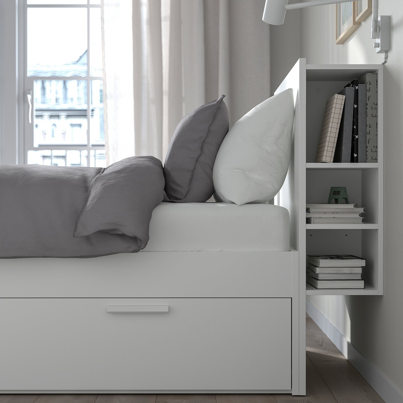 BRIMNES bed frame w storage and headboard, white/Lönset, 90x200 cm BRIMNES bed frame w storage and headboard, white/Lönset, 90x200 cm