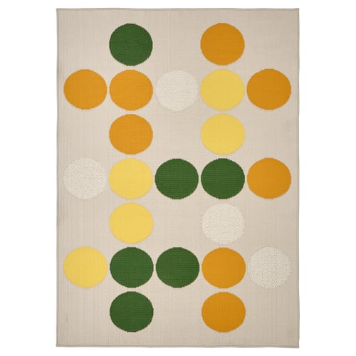 BRÖGGAN rug with colourful circles, yellow, green, and orange dots on neutral background, rectangular, modern design.