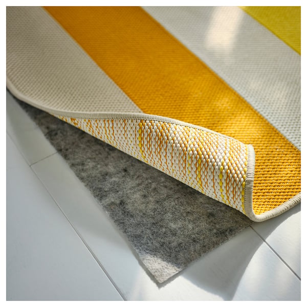 A striped indoor/outdoor rug with yellow and white stripes, displayed on a grey rug underlay, showcasing its durability and stain resistance.