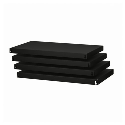 A stack of four black, rectangular BROR shelves, designed for heavy-duty storage.