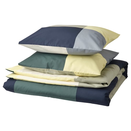 BRUNKRISSLA bedding set; blue, beige, green squares; cotton-viscose; rectangular with pillowcases.