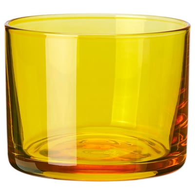 Bright yellow glass candle holder, round & smooth, single colour, plain design.