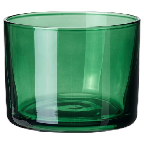 Green glass BUSKBJÖRK candle holder, cylindrical shape, plain design.