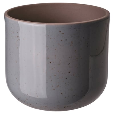 BUSKKAPRIFOL planter, grey-speckled, round, stoneware.