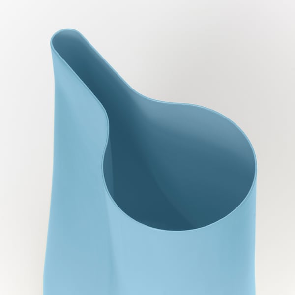 Elegant blue watering can with smooth, rounded shape and tapered spout, ideal for plants and flowers.