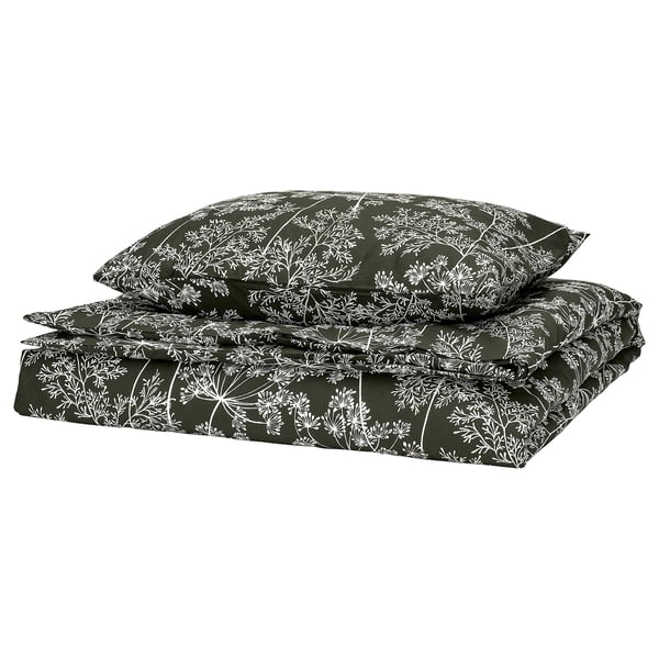 DAGGBJÖRNBÄR Duvet cover and pillowcase, dark green/floral pattern, 150x200/50x60 cm