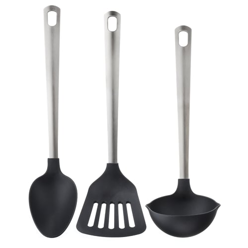 Three black kitchen utensils with stainless steel handles lined up on a white background.