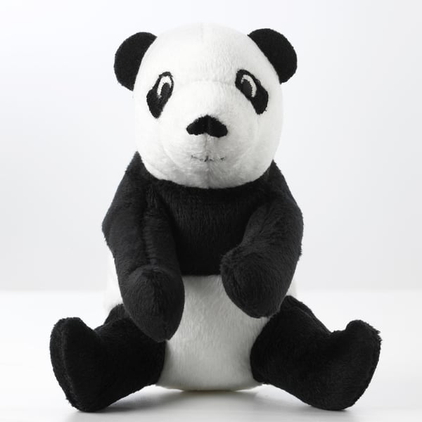 Black and white stuffed panda, sitting upright, high-quality soft fabric, ideal for childrens play.