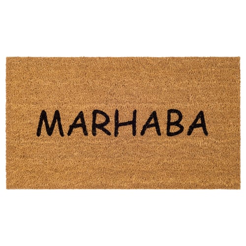 Natural brown rectangular coir doormat with bold black text marhaba in the centre.