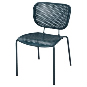 A dark blue DUVSKÄR stackable metal chair with ventilated seating.