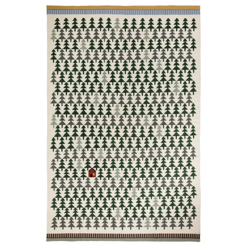 DVÄRGGRÄS rug: beige, grey, green trees, small red hut, wool & cotton.