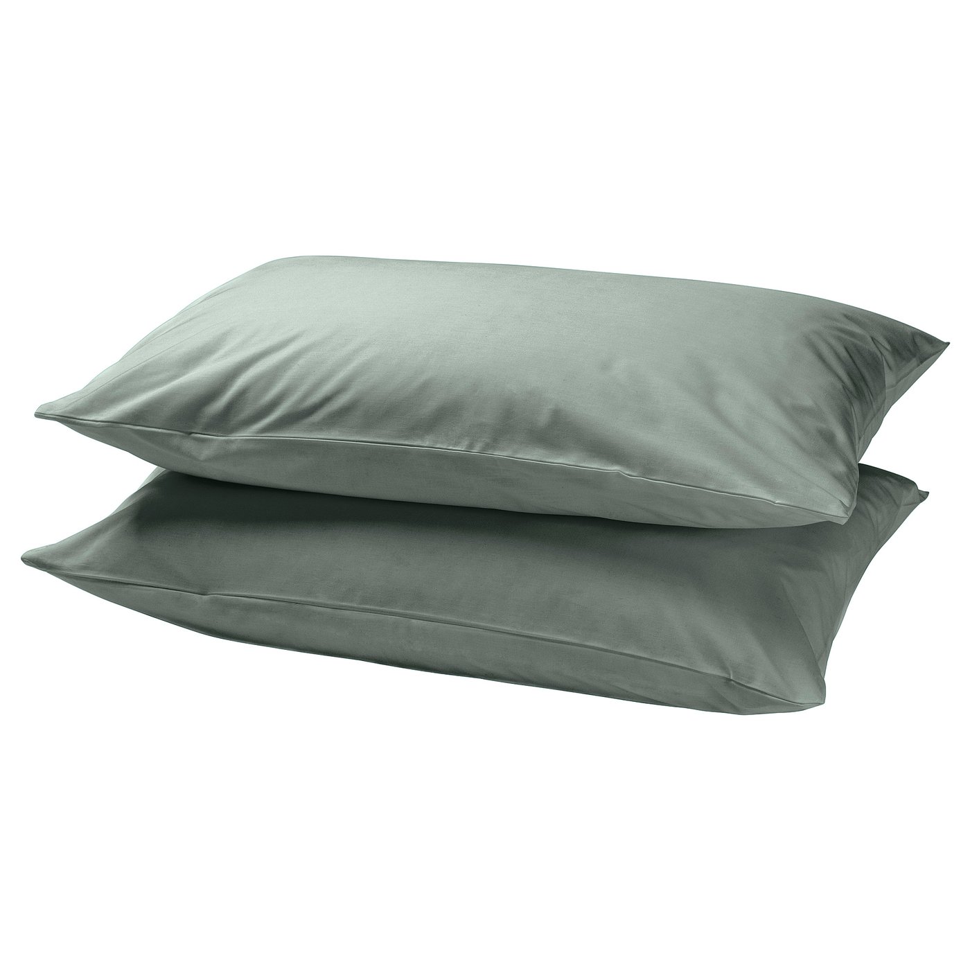 Two rectangular, dark grey-green silk pillowcases, neatly stacked. Minimalist, smooth design, no visible patterns.