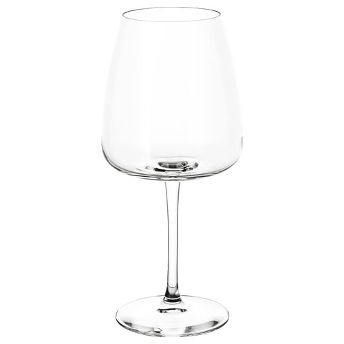 Clear, elegant wine glass with long stem and round bowl.