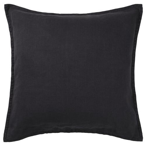 Black square throw pillow with linen texture and zip closure.