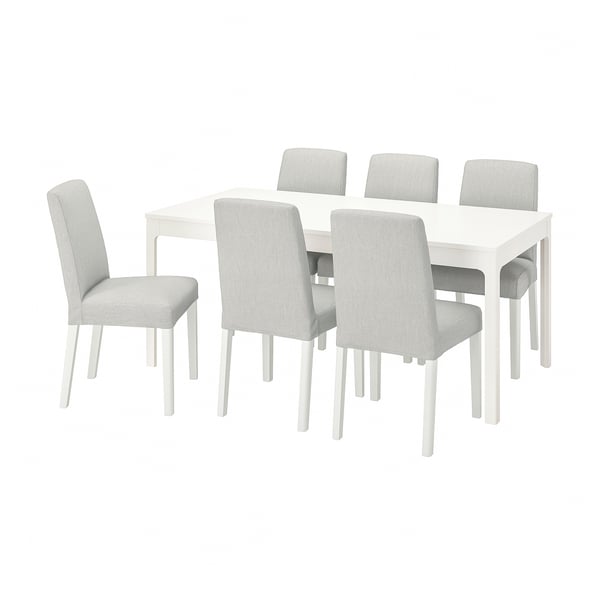 EKEDALEN dining table with 6 light grey chairs, extendable, sleek design.