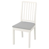 White wooden chair with slatted back and grey cushioned seat.