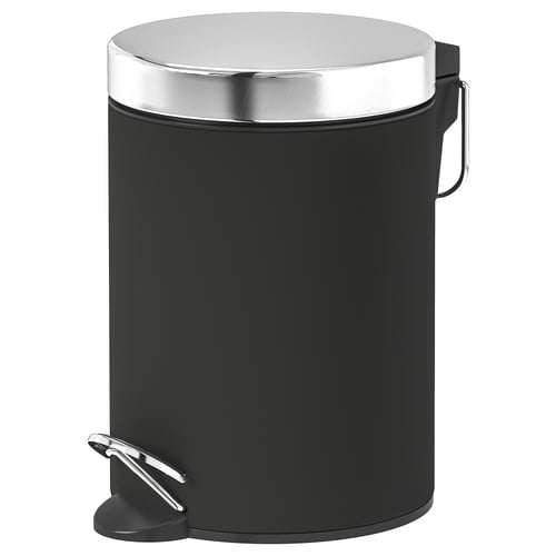 EKOLN black pedal bin, sleek & curved design, stainless steel lid, smooth closing, durable materials, bathroom/kitchen suitable.