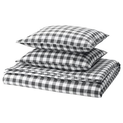 EKTANDVINGE Duvet cover and 2 pillowcases, anthracite white/check, 240x220/50x60 cm