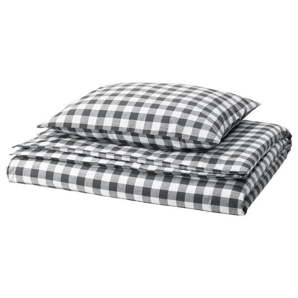 EKTANDVINGE Duvet cover and pillowcase, anthracite white/check, 150x200/50x60 cm