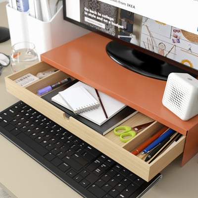 ELLOVEN Monitor stand with drawer, bright orange