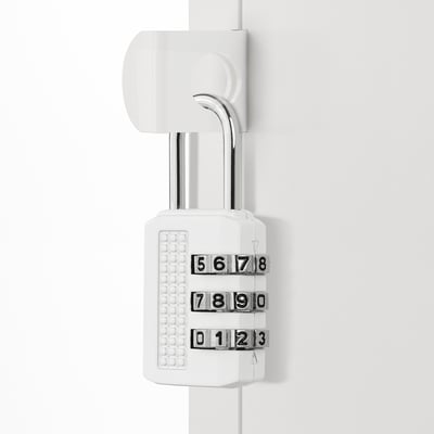 A white combination padlock with three rows of numbers, showing code 5678, 7890, and 0123. Silver shackle is open, revealing secure locking mechanism.