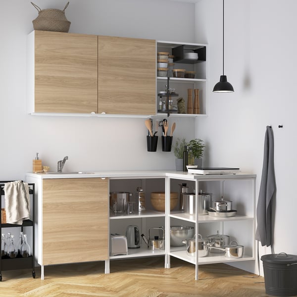 ENHET Corner kitchen, white/oak effect