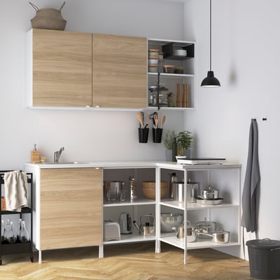 ENHET Corner kitchen, white/oak effect