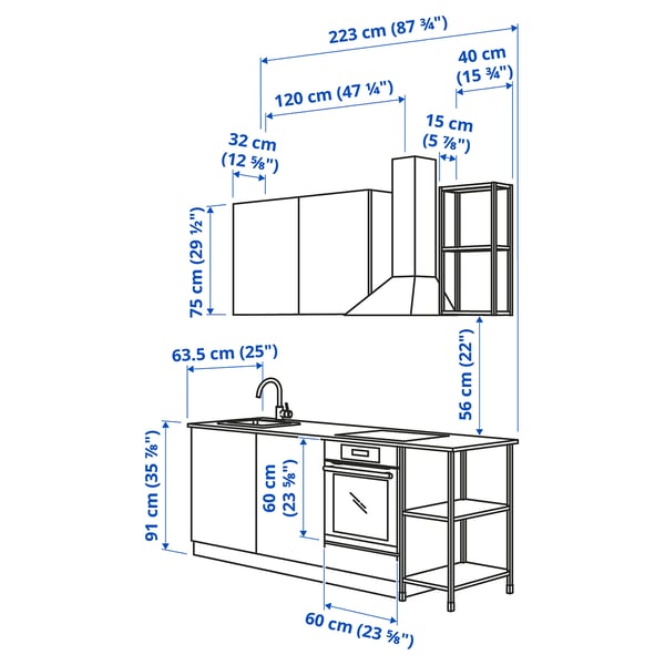 ENHET Kitchen, white/grey frame, 223x63.5x222 cm