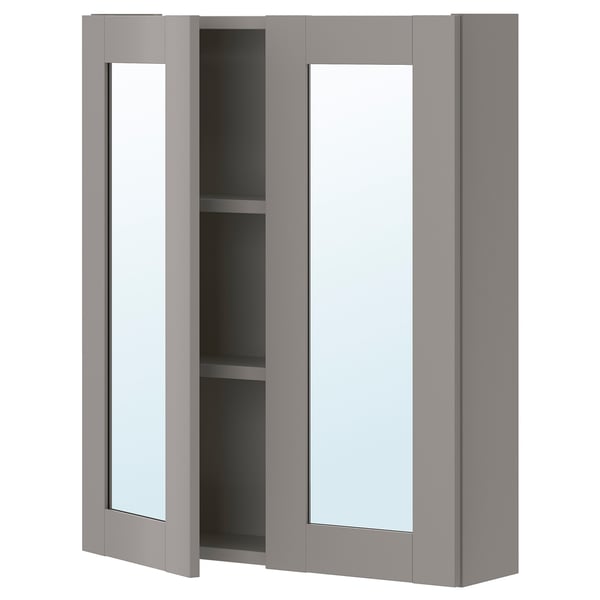 ENHET Mirror cabinet with 2 doors, grey/grey frame, 60x17x75 cm
