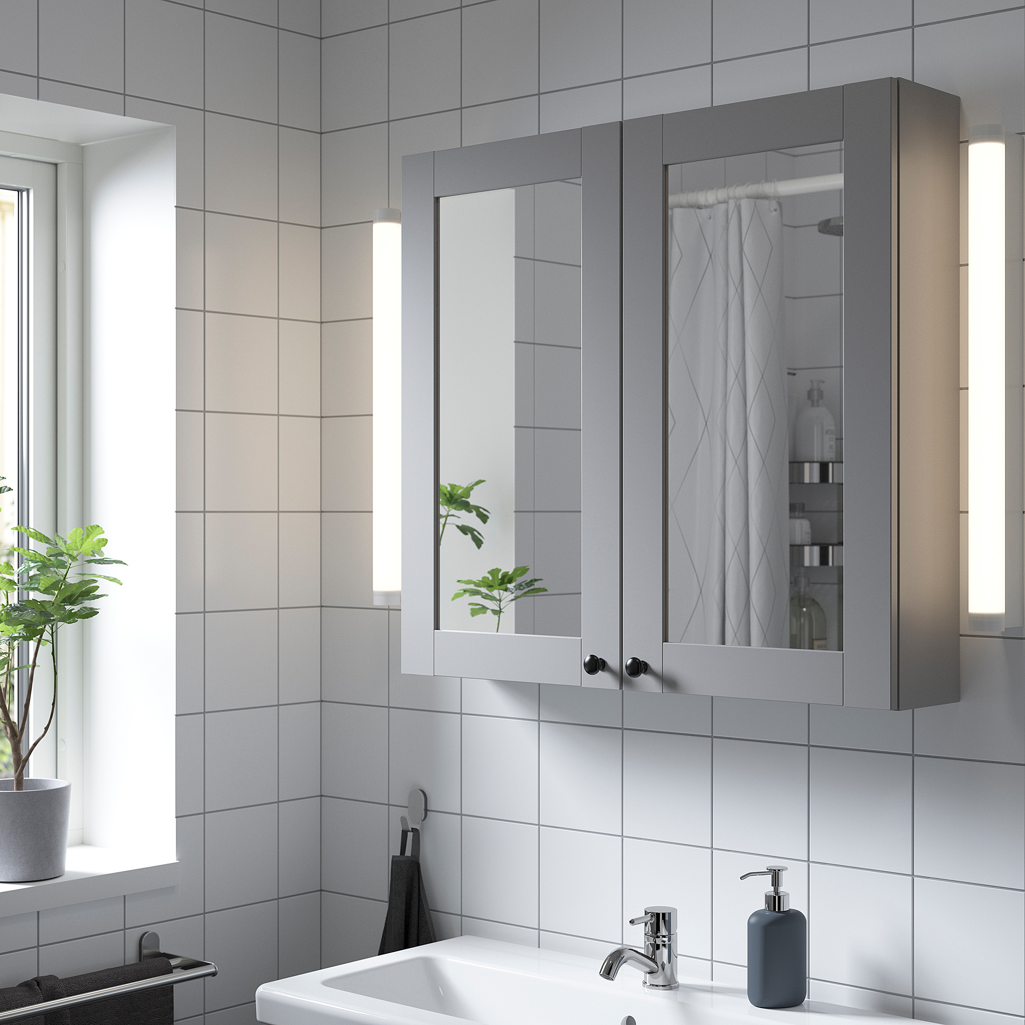 ENHET Mirror cabinet with 2 doors, grey/grey frame, 80x17x75 cm