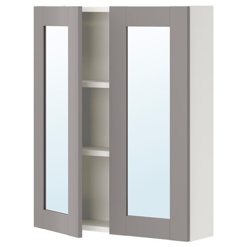 ENHET wall-mounted cabinet, grey, mirrored doors, rectangular shape, two shelves, modern design.