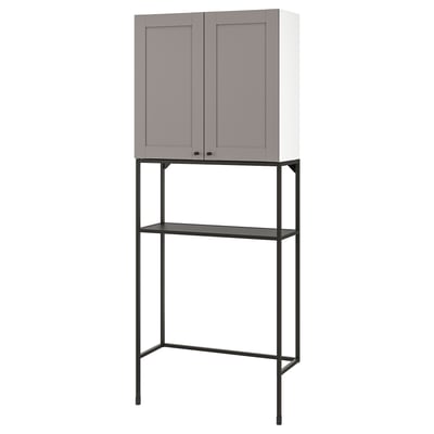 An ENHET storage cabinet in grey with a metal frame, providing both open and closed storage space.