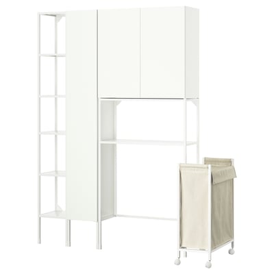 This image shows a white ENHET storage unit with shelves and cabinets, and a beige laundry bag with wheels.