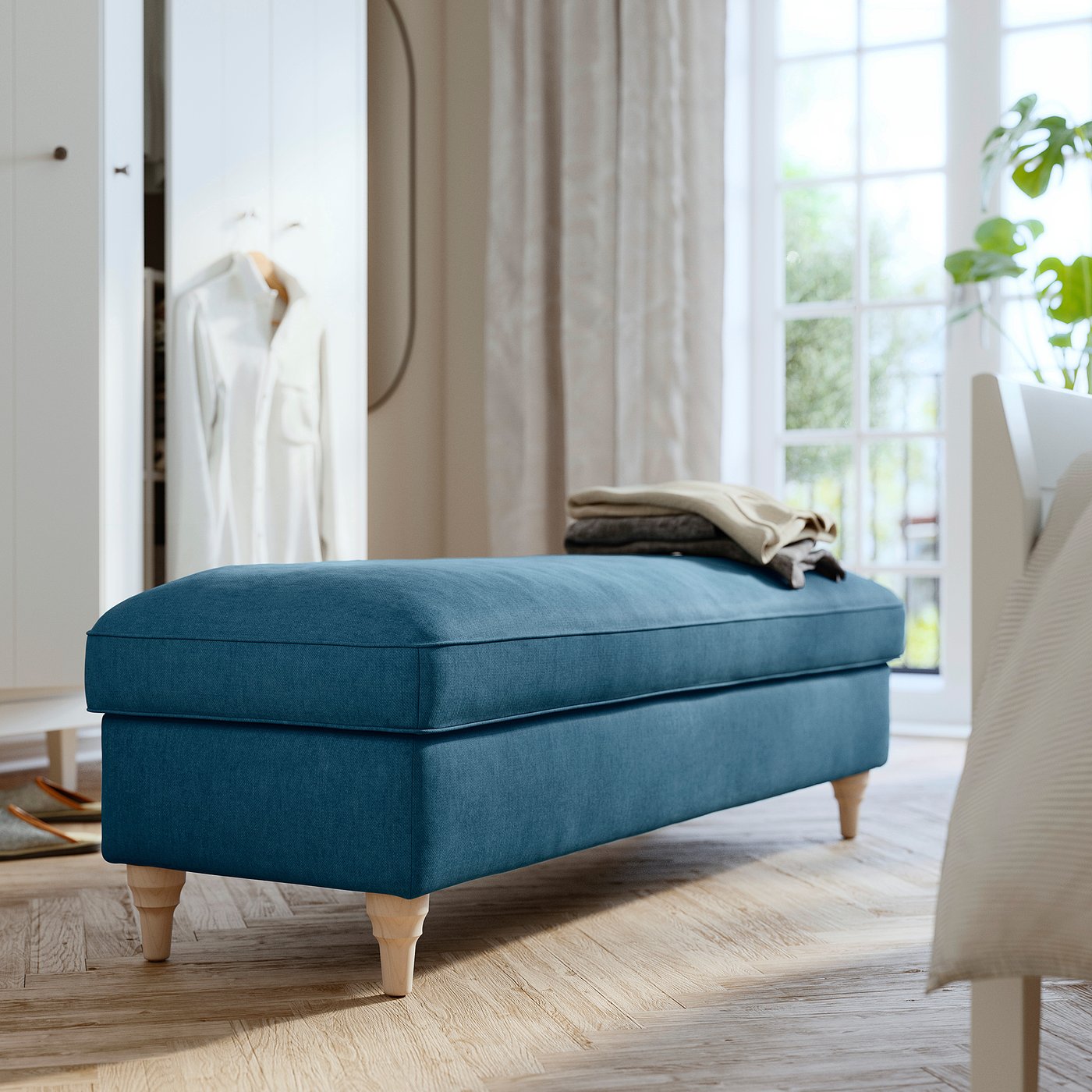 ESSEBODA bench with storage, Tallmyra/blue birch - IKEA