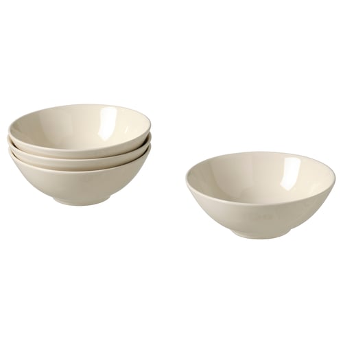 Four white ceramic bowls, three stacked, one solo; simple, round shape; plain, smooth design.