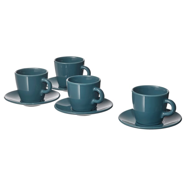Four teal FÄRGKLAR teacups with saucers, stoneware, simple design.