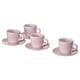 Four pink stoneware cups with handles and matching saucers; minimalist design.