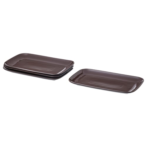 Four dark brown rectangular stoneware plates, glossy finish, stacked neatly.