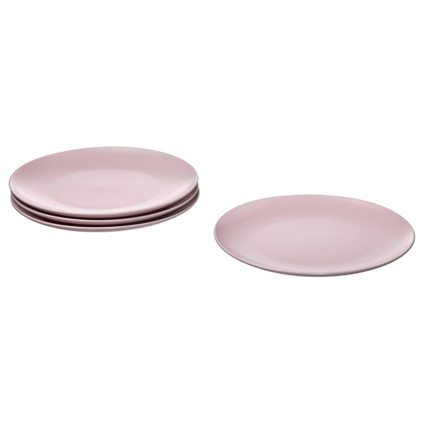A set of four pink FÄRGKLAR stoneware plates, round and uniformly simple in design.